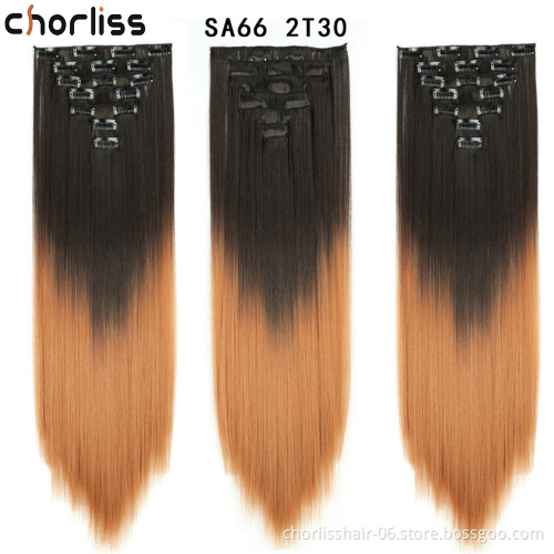 Wholesale 22inch Cheap Blue Ombre Long Silky Straight 7Pcs 16 Clips Heat Resistant Synthetic Clip In Hair Extension For Women